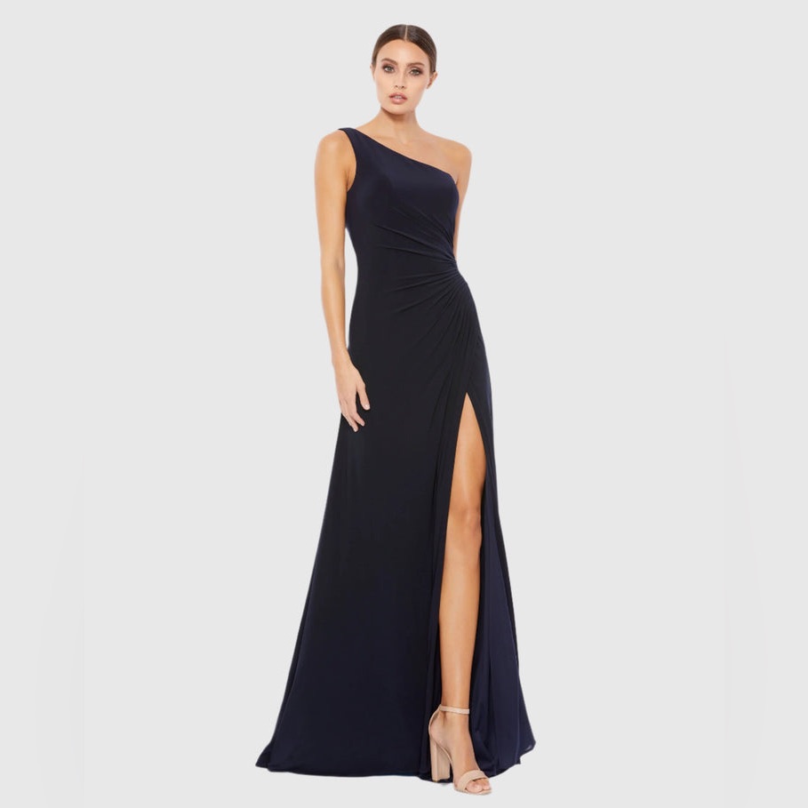 Mac Duggal One Shoulder Ruched Jersey Evening Gown